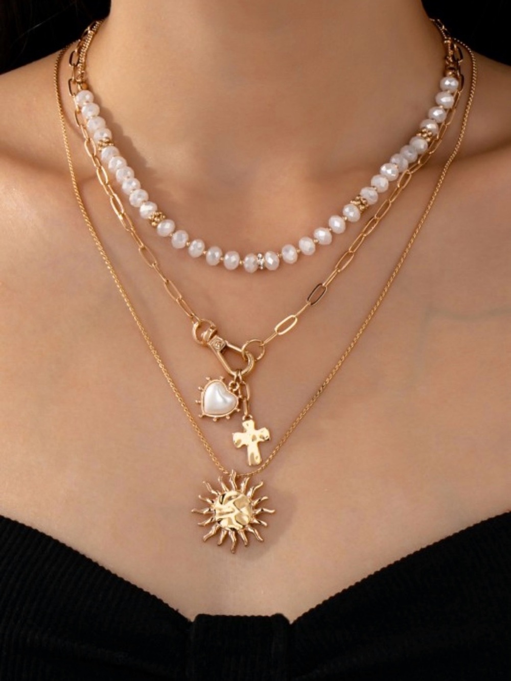 NWT Josslyn Multi Beaded Layer Sun Heart Cross Charm Necklace Gold Tone Boho